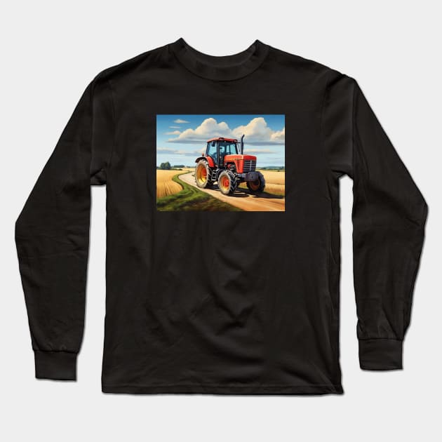 Tractor Truck Trucking Country Road Agriculture Vintage Long Sleeve T-Shirt by Flowering Away